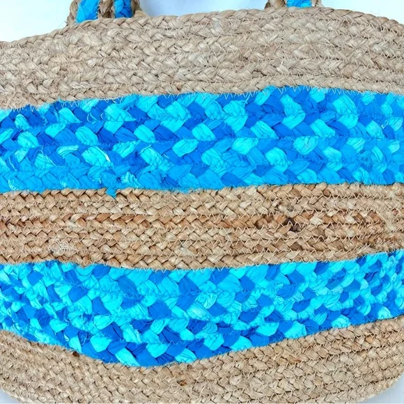 CHICO’S Beige Woven Jute Raffia Turquoise Blue Fabric Beach Travel Shoulder Tote - Picture 5 of 11